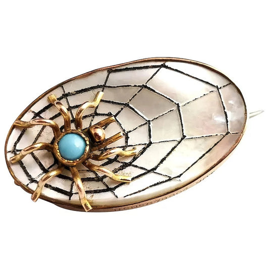 Antique Spider and Web brooch, 9ct gold, Mother of pearl