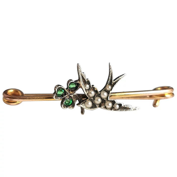 Antique Swallow and Shamrock brooch, pin, Boxed