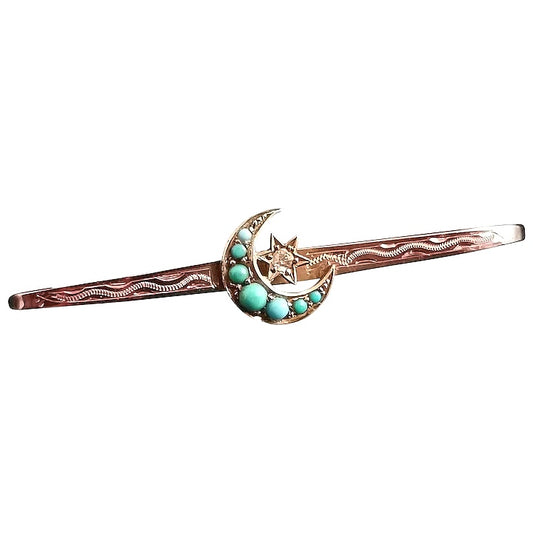 Antique Turquoise and Diamond crescent and star brooch, 9ct Rose gold