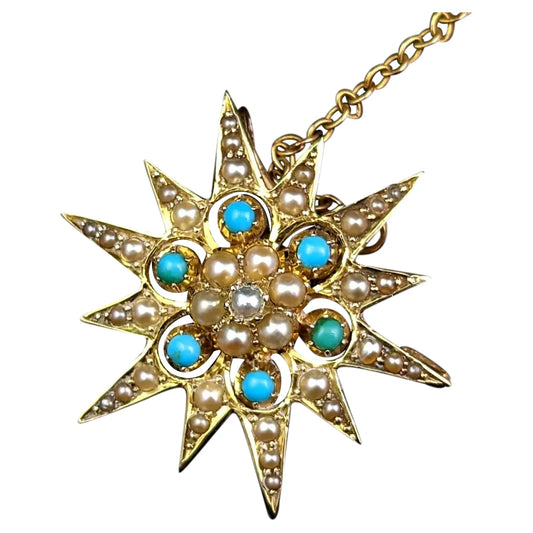 Antique Turquoise and Pearl star pendant brooch, 15ct gold