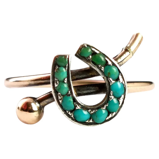 Antique Turquoise horseshoe and crop ring, 9ct Rose gold and sterling silver
