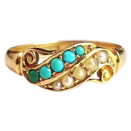 Antique Turquoise and pearl ring, 18ct gold, Victorian