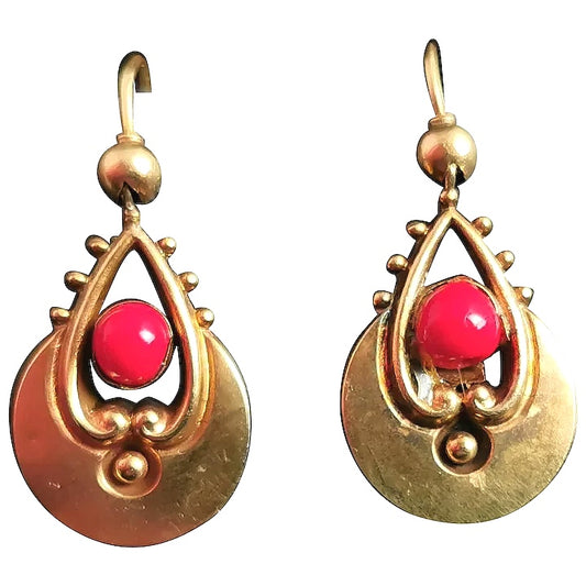 Antique Victorian beetle earrings, 9ct gold, Egyptian revival