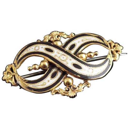 Antique Victorian Mourning brooch, 15ct gold, Black and white enamel
