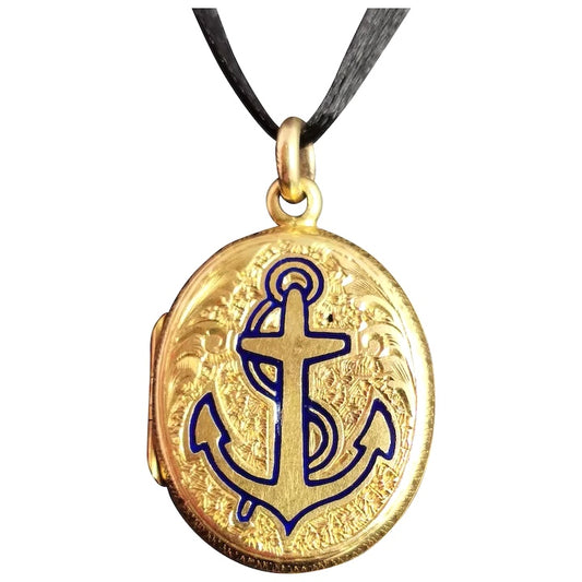 Antique Victorian 9ct gold anchor locket, blue enamel