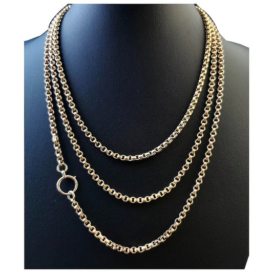 Antique Victorian 9ct gold longuard chain, muff chain necklace, Rolo link