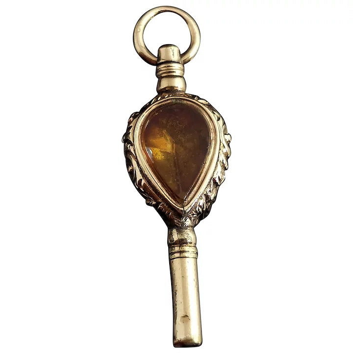 Antique Victorian 9ct gold watch key, citrine and bloodstone, pendant