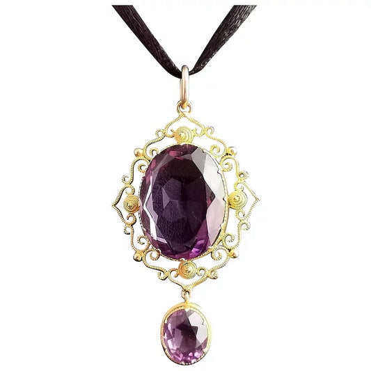 Antique Victorian Amethyst drop pendant, 18ct gold, Cannetille