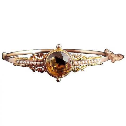 Antique Victorian citrine and pearl bangle, 9ct gold
