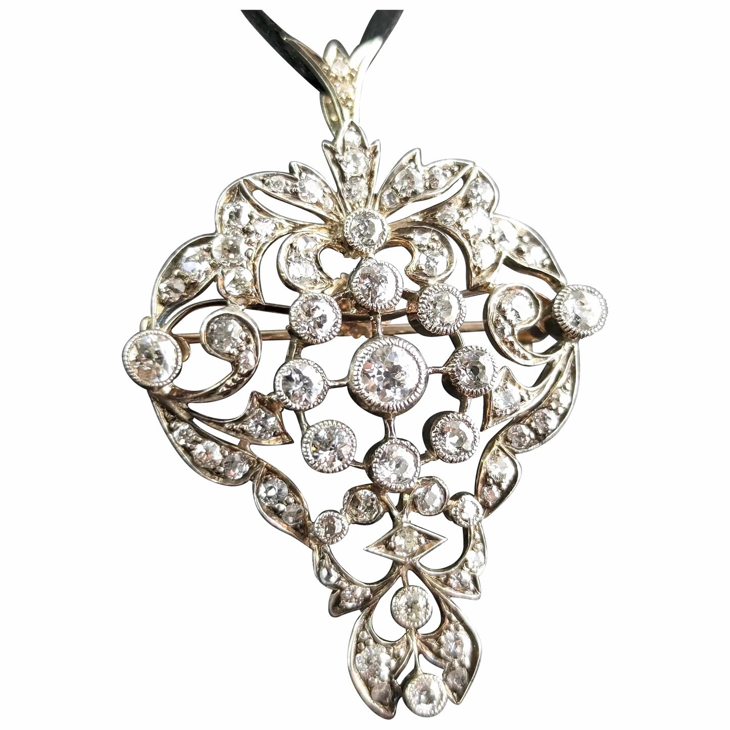 Antique Victorian Diamond pendant brooch, Bunch of grapes, 9ct gold and silver