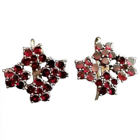 Antique Victorian Bohemian Garnet flower earrings, 9ct gold