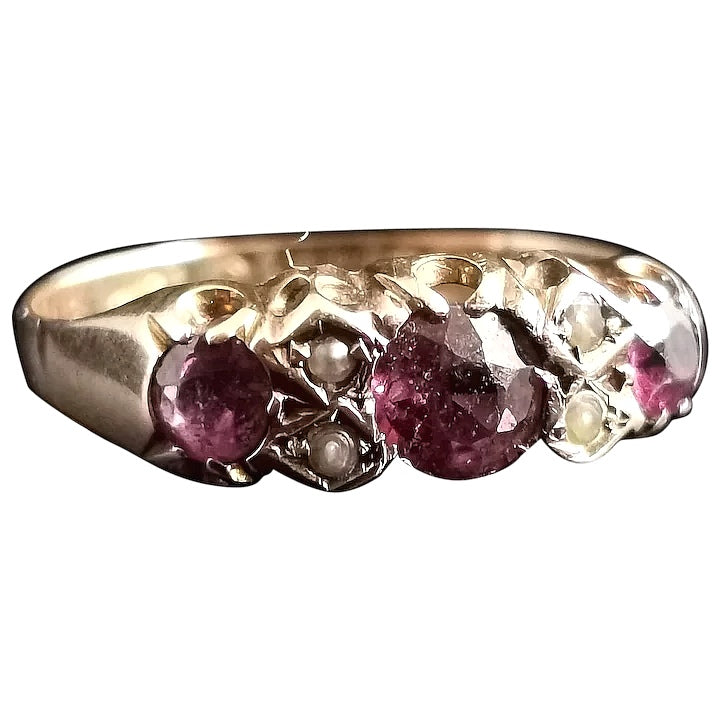 Antique Victorian Garnet and seed pearl ring, 9ct gold
