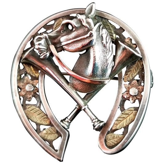 Antique Victorian Horseshoe, horse and horns brooch, Sterling silver and gold