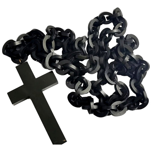 Antique Victorian Jet long chain necklace, Vulcanite Cross pendant, Mourning