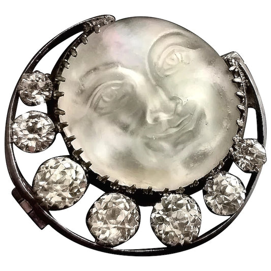 Antique Victorian Man in the Moon and paste crescent brooch