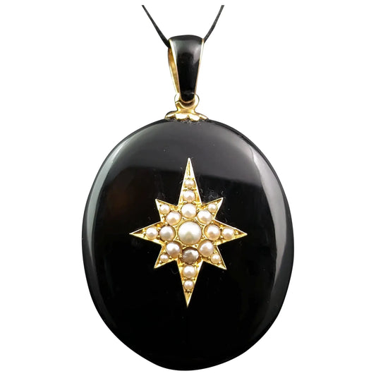 Antique Victorian Mourning locket, 15ct gold and Pearl star, Whitby Jet