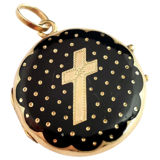Antique Victorian mourning locket, black enamel, Cross, 9ct gold