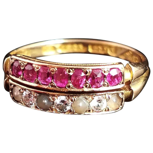 Antique Victorian Ruby, Diamond and pearl ring, 15ct gold, half hoop