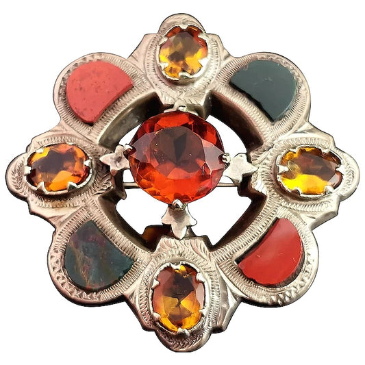 Antique Victorian Scottish silver and agate brooch, citrine