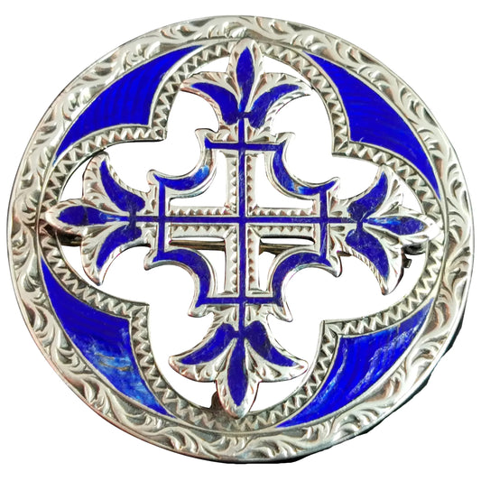 Antique Scottish celtic Cross brooch, sterling silver and blue enamel, Victorian