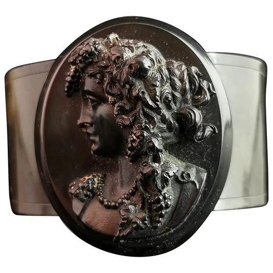 Antique Victorian Vulcanite and Jet cameo bangle, cuff bracelet