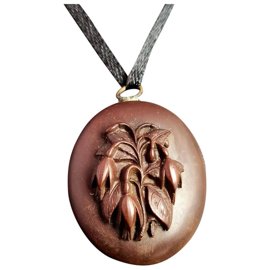 Antique Victorian Vulcanite mourning locket, floral