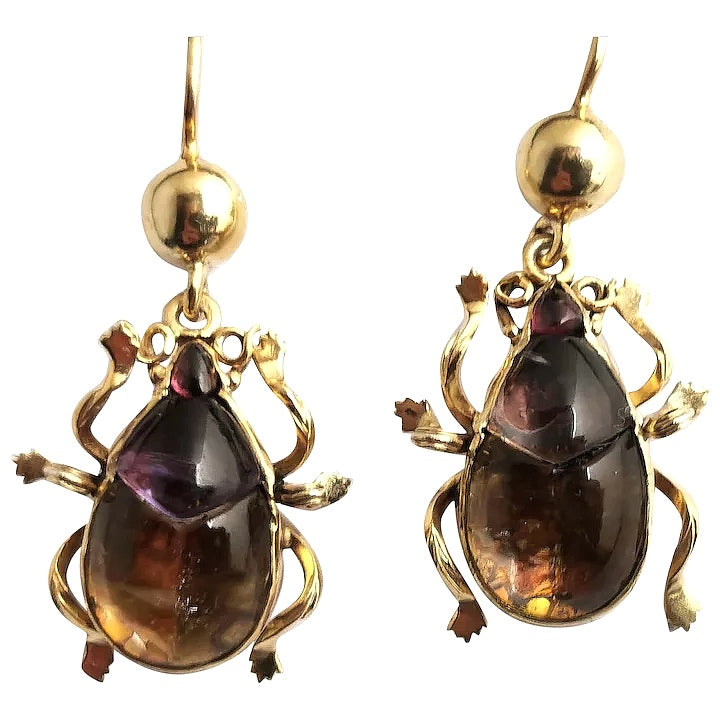 Antique Victorian beetle earrings, 9ct gold, Egyptian revival
