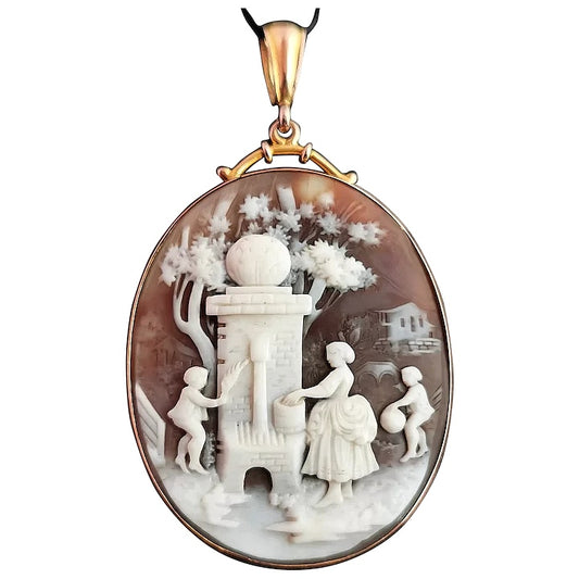 Victorian cameo pendant, 9ct gold, Children and garden