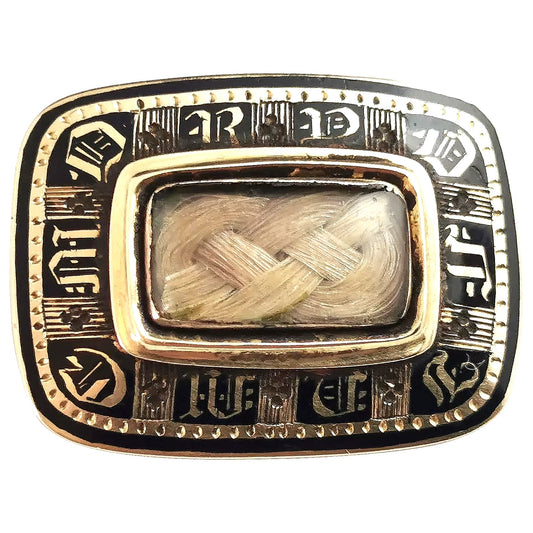 Antique Victorian mourning brooch, 9ct gold, In Memory Of, Black enamel