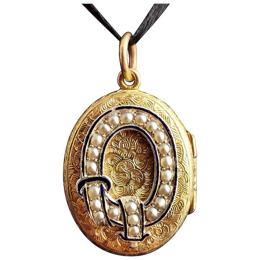 Antique Victorian mourning locket, 9ct gold, Pearl and Enamel buckle