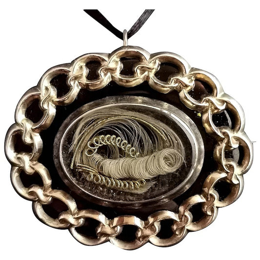 Antique Victorian mourning pendant brooch, 9ct gold, onyx and hairwork
