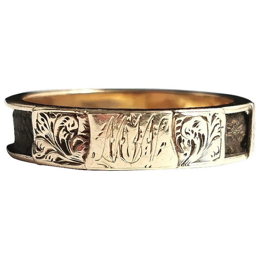 Antique mourning ring, 15ct gold, hairwork, MW initials