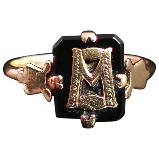 Antique Victorian mourning ring, initial M, onyx and 9ct gold