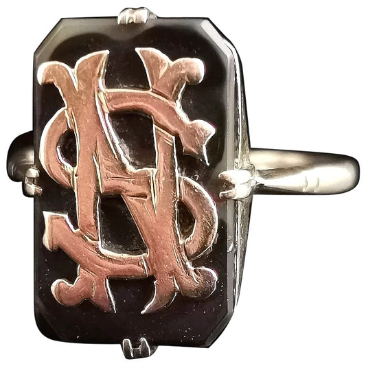 Antique Victorian mourning signet ring, 9ct gold and Onyx, initials NS