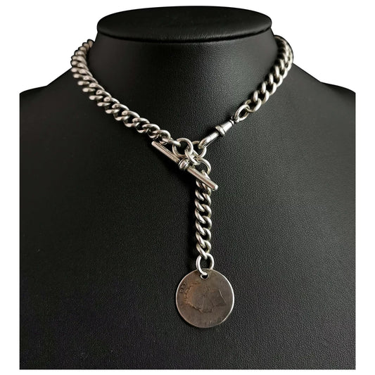 Antique Victorian silver Albert chain, watch chain Coin fob