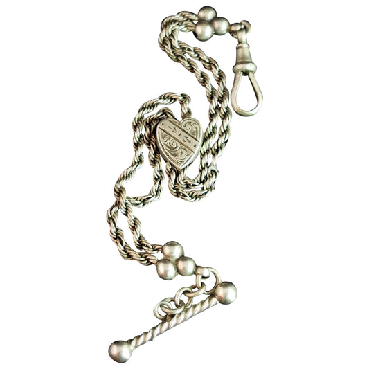 Antique Victorian silver Albertina chain, bracelet, Heart slider