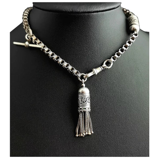 Antique Victorian silver albertina chain, fancy rolo link