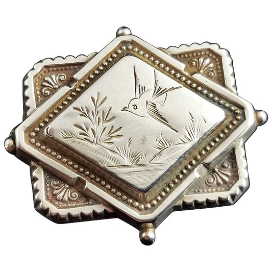 Antique Victorian silver Swallow locket brooch