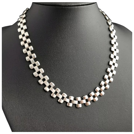 Antique Victorian silver collar necklace, brick link
