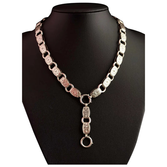 Antique Victorian silver collar necklace, Floral book chain, Day to night
