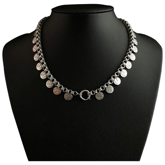 Antique Victorian silver collar necklace, coin fringe