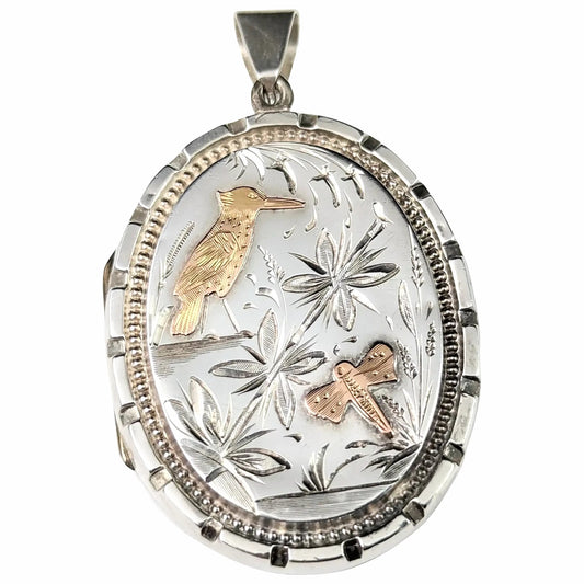 Victorian aesthetic locket, silver and 9ct gold, Kingfisher, Swallow and Dragonfly