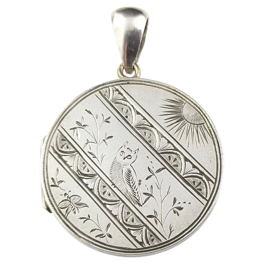 Antique Victorian silver locket, Owl, Butterfly, Sunshine, Aesthetic