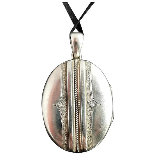 Antique Victorian silver locket pendant, aesthetic era, line engraved