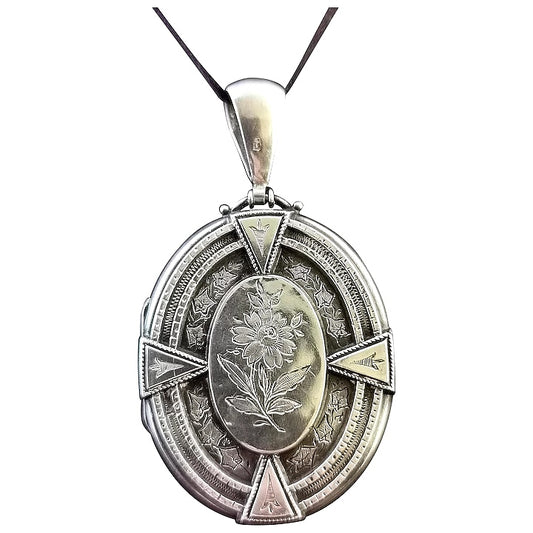 Antique Victorian silver locket pendant, Aesthetic engraved