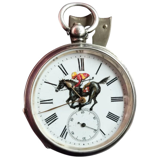 Victorian silver pocket watch, horse racing