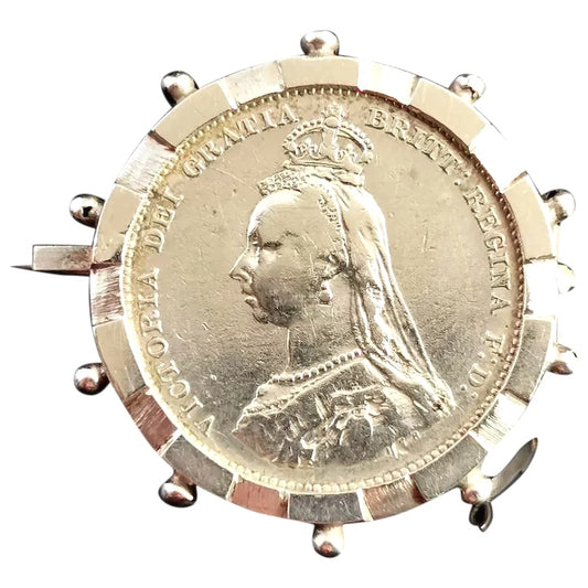 Antique Victorian silver shilling coin brooch, pin