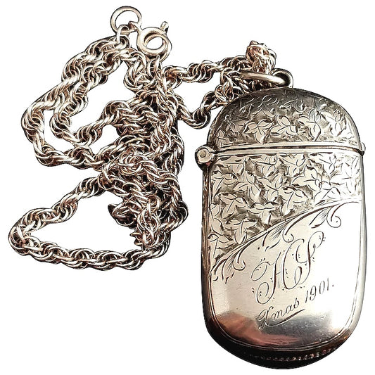 Antique Victorian silver vesta case, ivy engraved