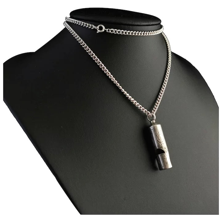 Antique Victorian silver whistle pendant, silver necklace