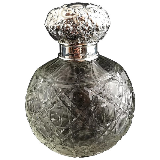 Antique cut glass scent bottle, large, Sterling silver